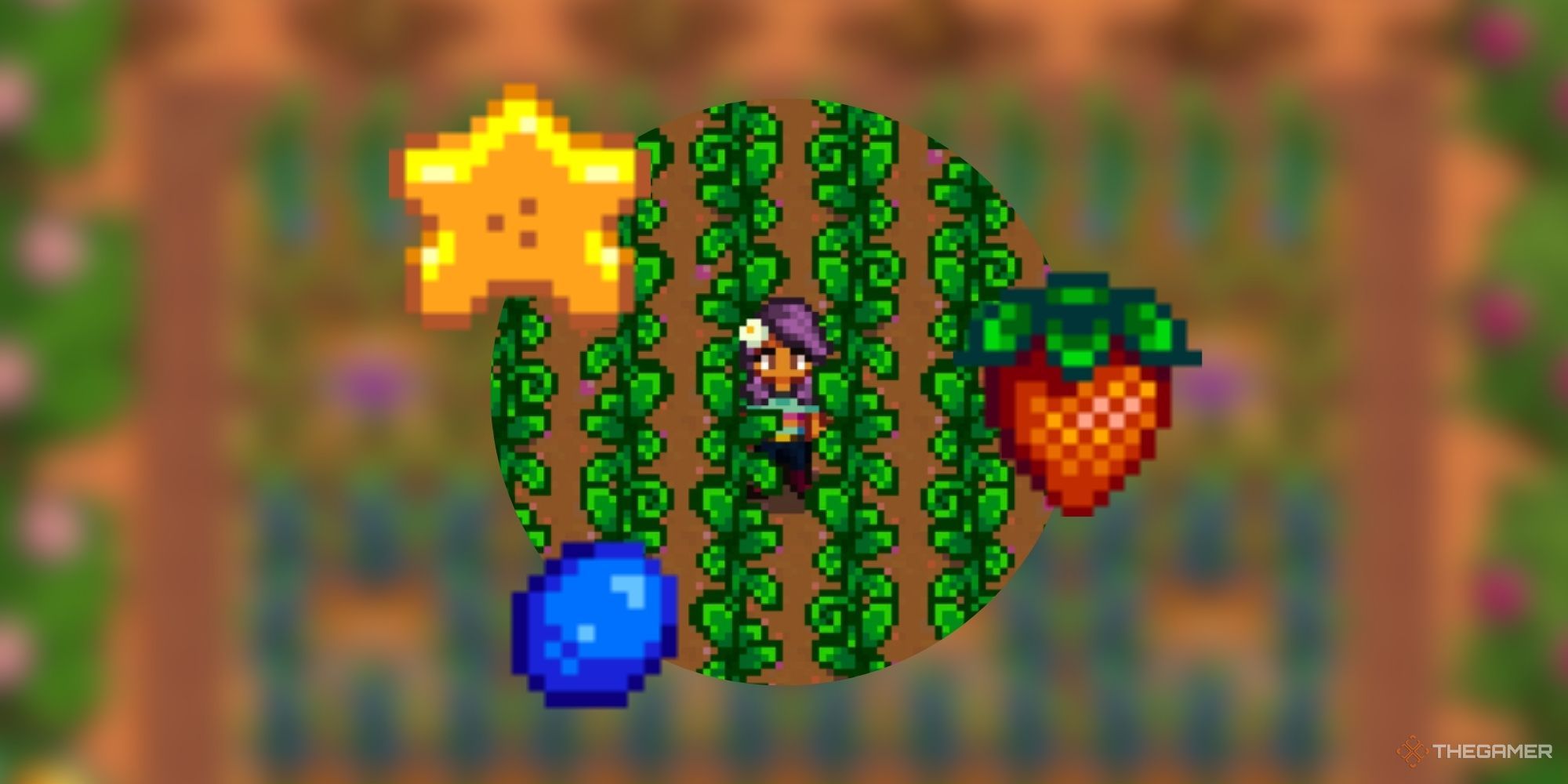 Stardew Valley Farmer standing in greenhouse with starfruit, strawberry, and blueberry icons on blurred background.