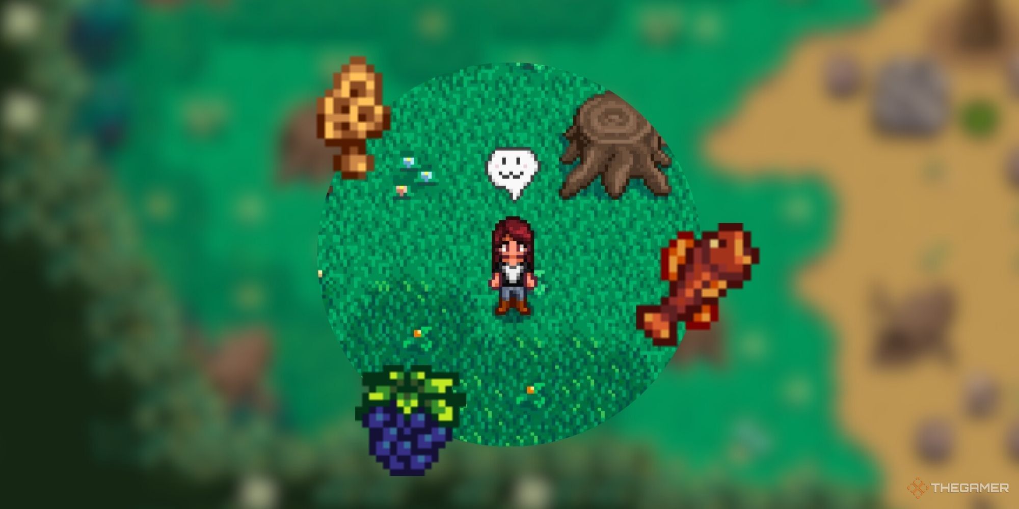 Stardew Valley Farmer with Morel, Woodskip, and Blackberry on blurred background