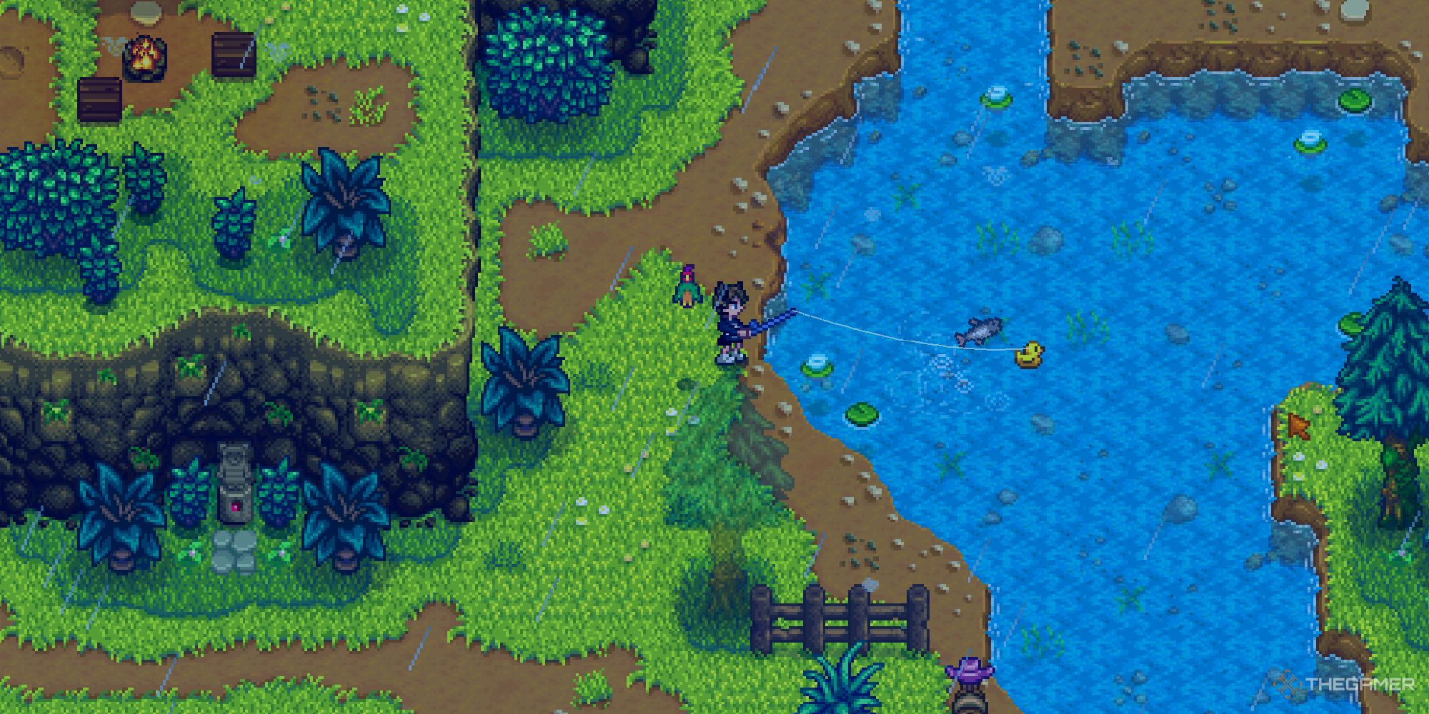An image from Stardew Valley showcasing a Fishing Frenzy. A Frenzy creates a large bubble patch where fish jump out of, eager to be caught. 