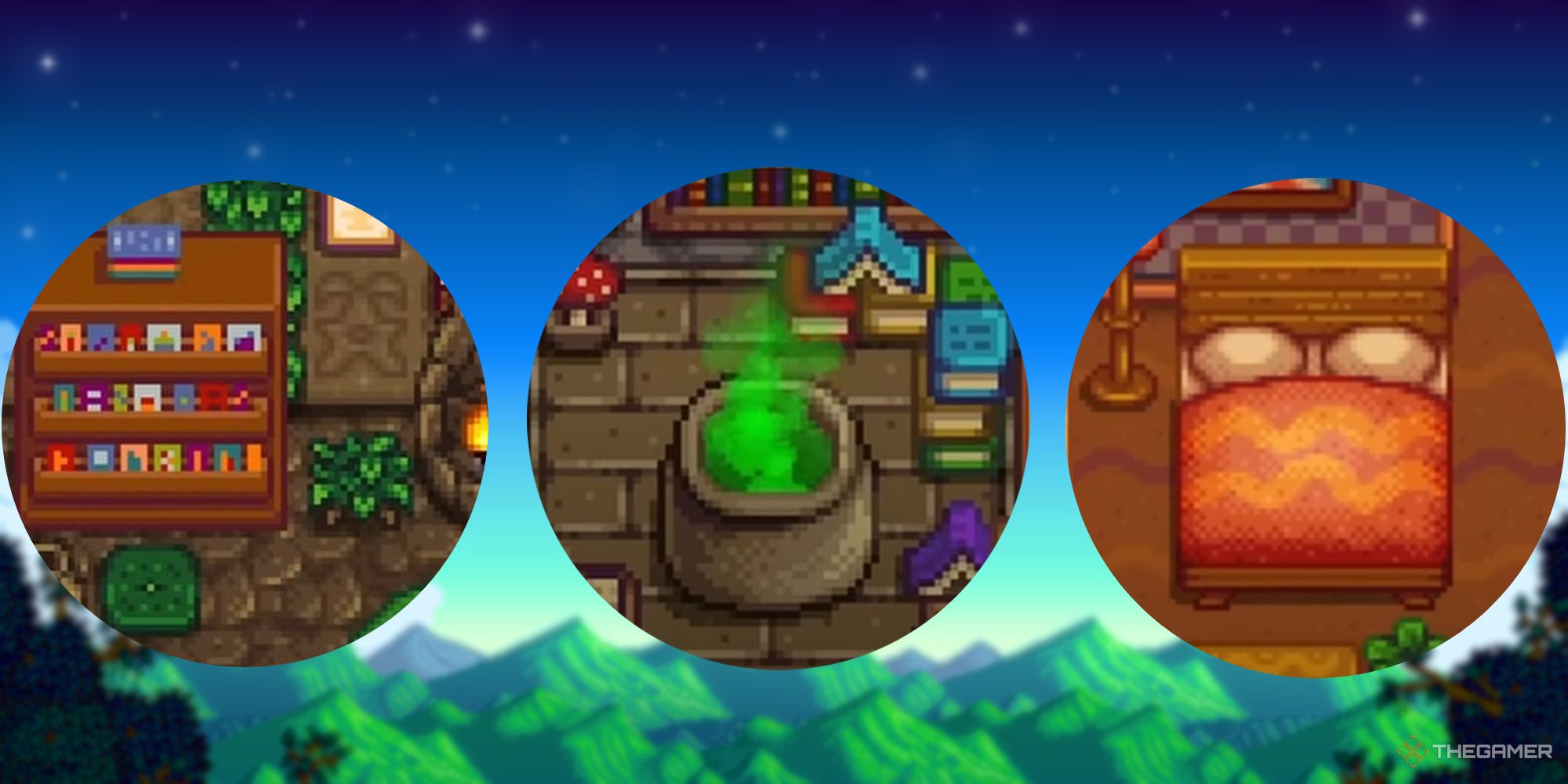 An image from Stardew Valley that features three small rooms that utilize the new furniture catalogue items. 