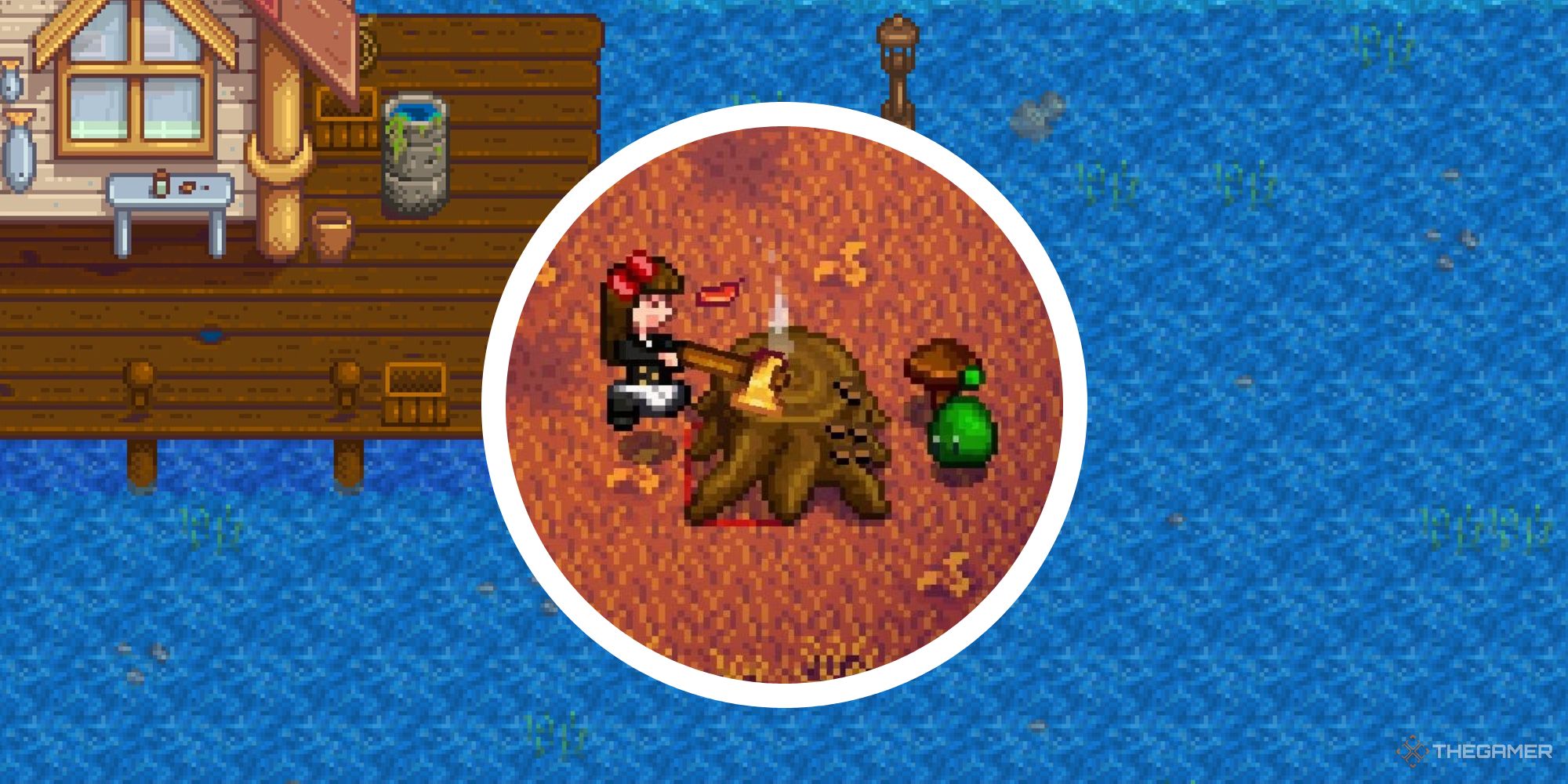 stardew valley image of ocean with circle image of player chopping stump-1