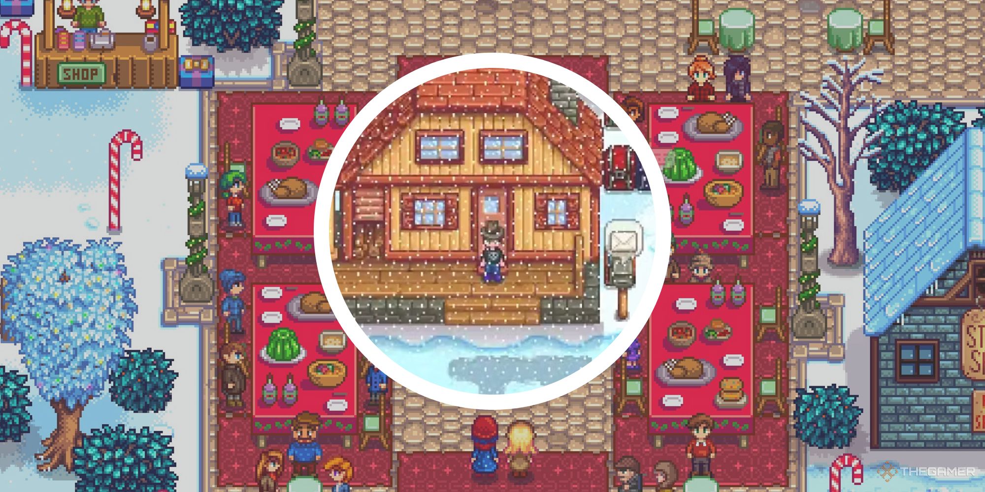 stardew valley image of player in farm over image of winter feast