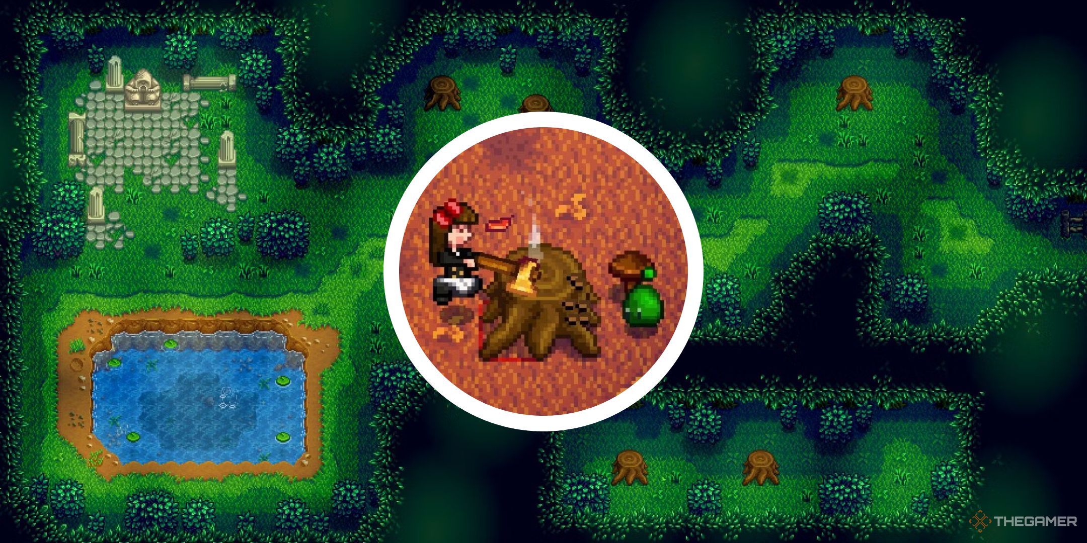 stardew valley image of secret woods with player chopping stump