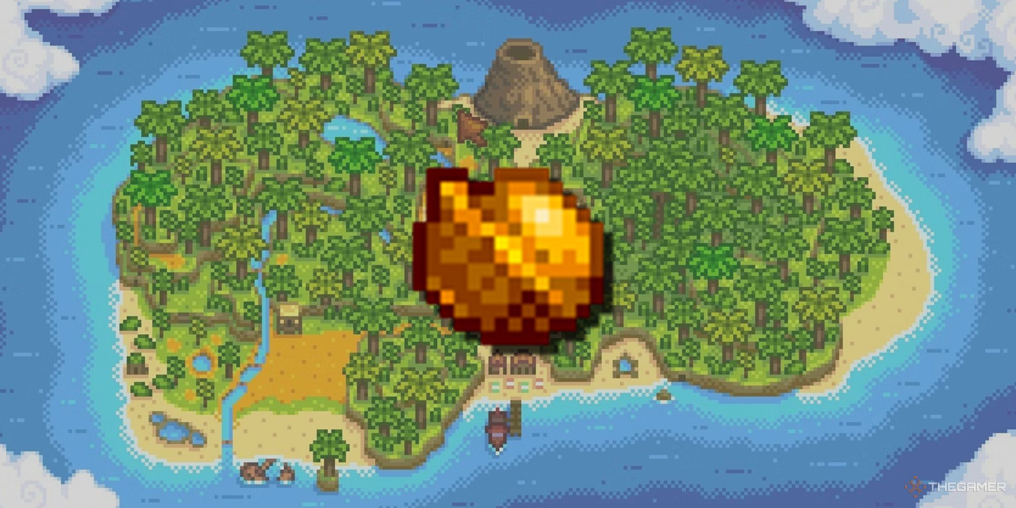 stardew valley map of ginger island with golden walnut png over it