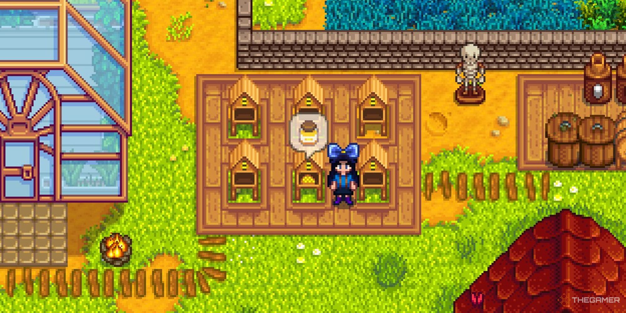 stardew valley player standing next to honey at a bee house