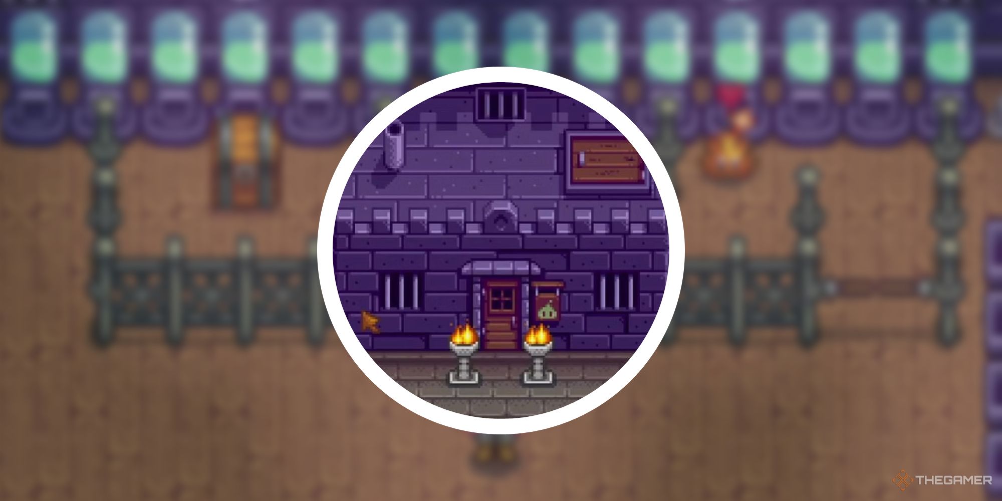 stardew valley slime hutch in circle png over image of blurry interior
