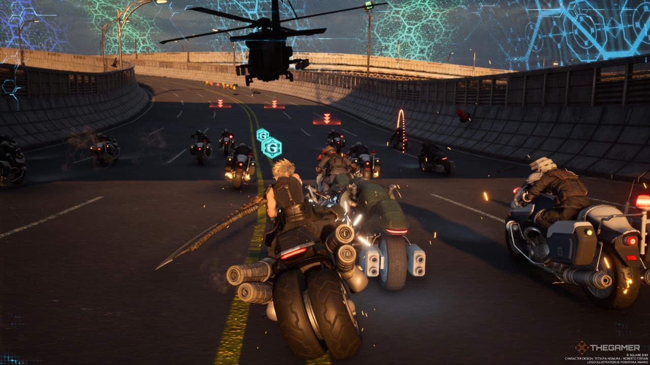 A horde of enemies surrounding a player in G-Bike in Final Fantasy 7 Rebirth.