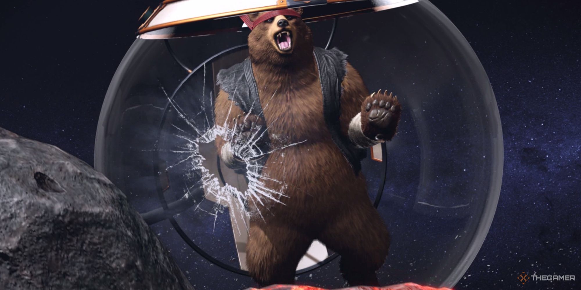 Kuma in a space capsule that has just been punctured by a rock in Tekken 8