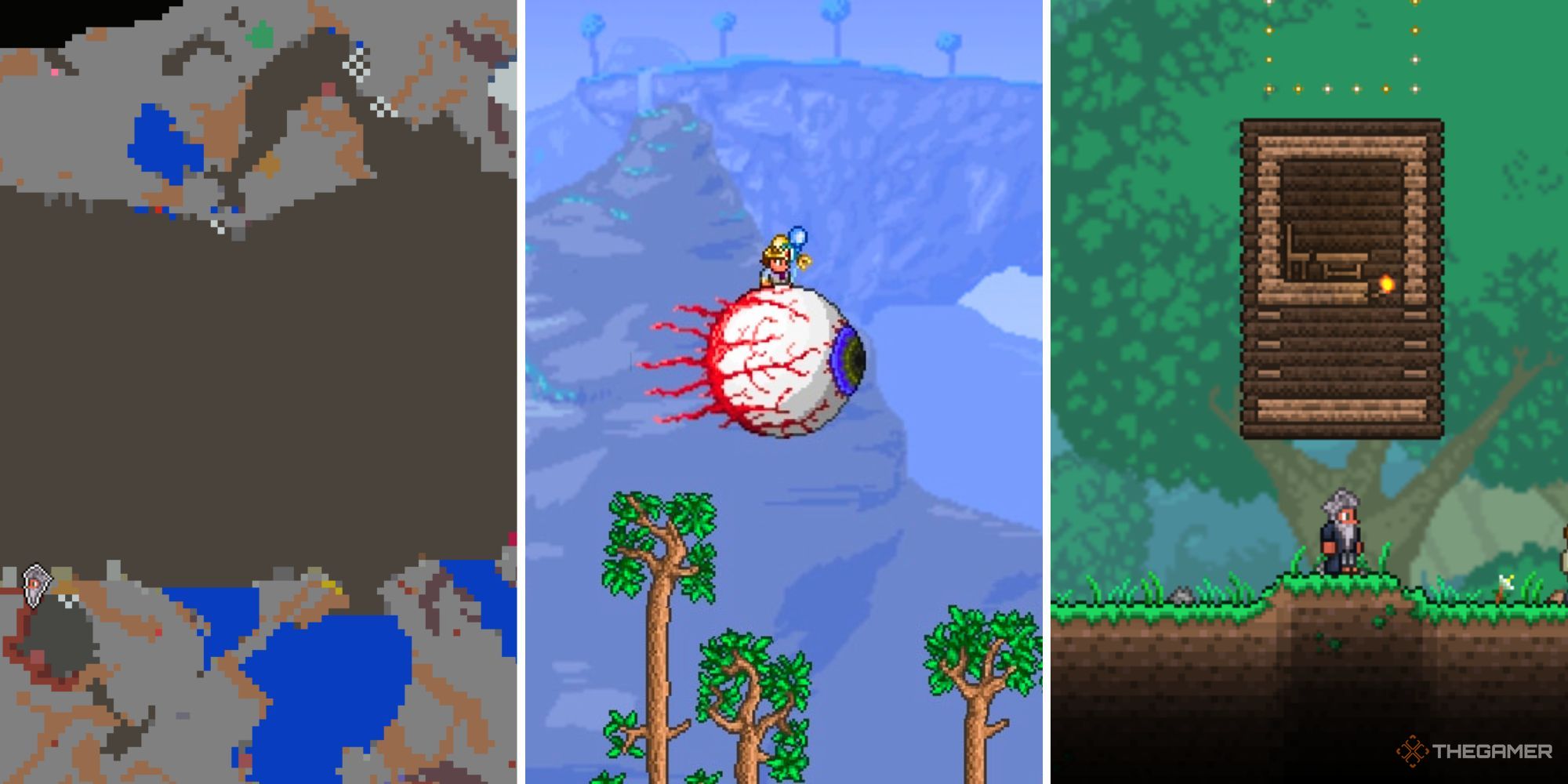 A split image of a horizontal, underground cavern, a player riding a pacified Eye of Cthulhu, and a player standing under a compact, wooden house.