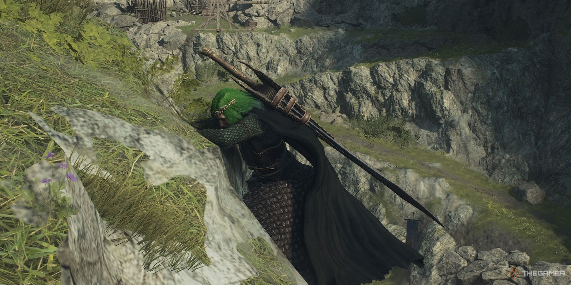 The Arisen climbing up a wall in Dragon's Dogma 2.