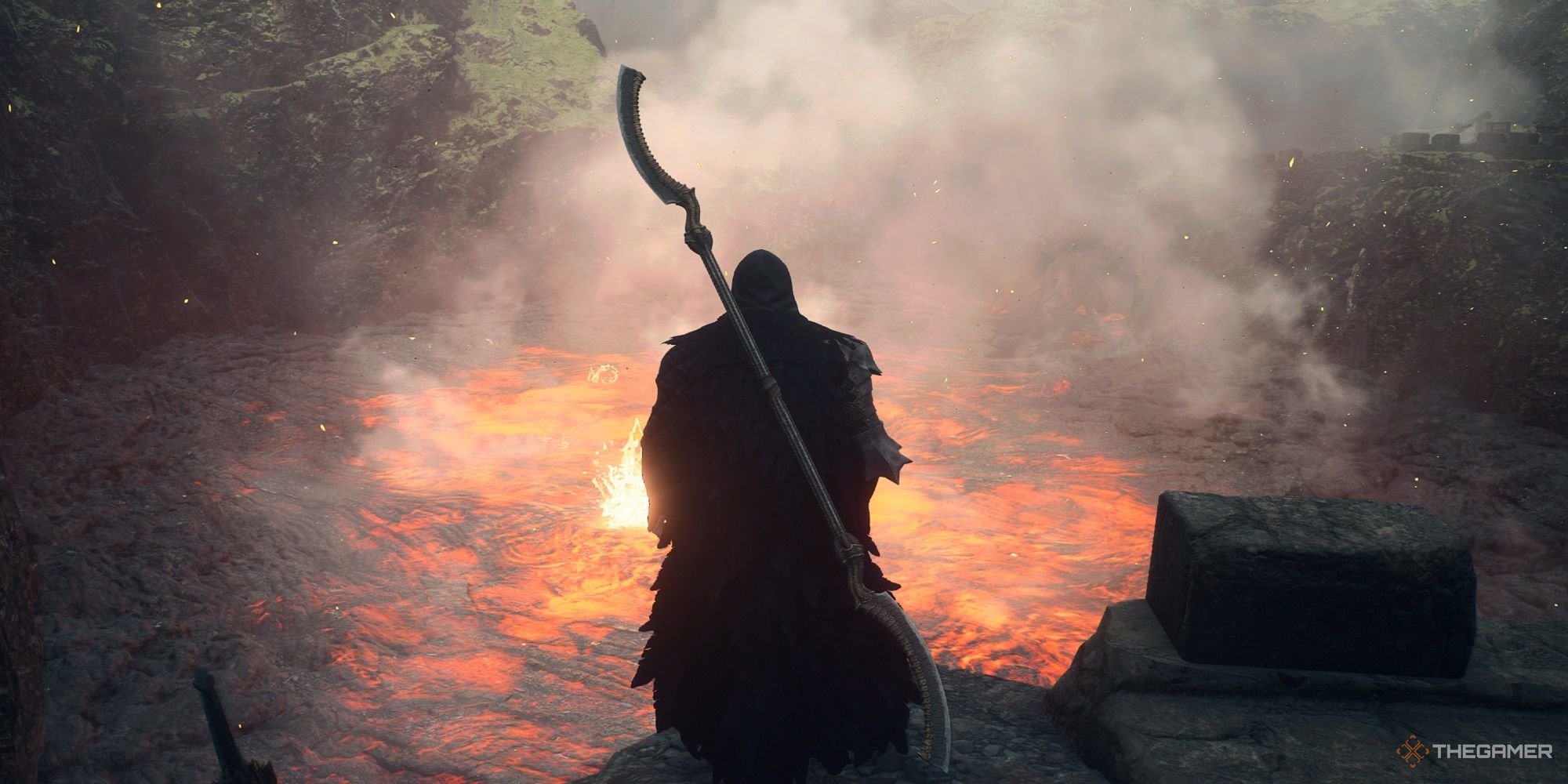 the arisen with a duospear on his back looking over a pit of lava in dragon's dogma 2