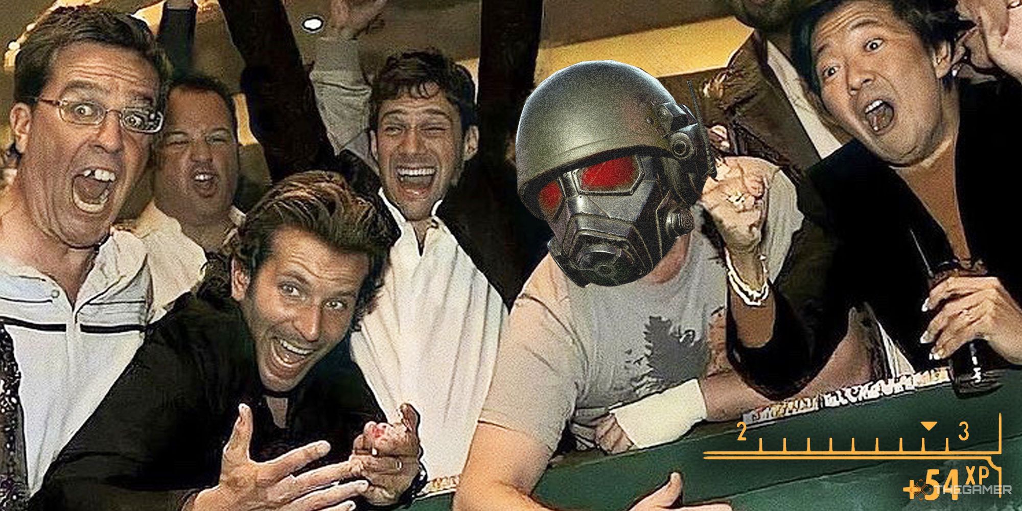 The Hangover movie everyone at the poker table but its The Courier with an NCR Ranger helmet from Fallout New Vegas