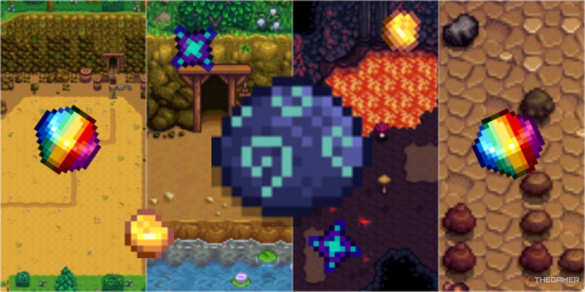 the mines quarry skull cavern volcano with a prismatic shard, gold and iridium ore, and a mystic stone stardew valley