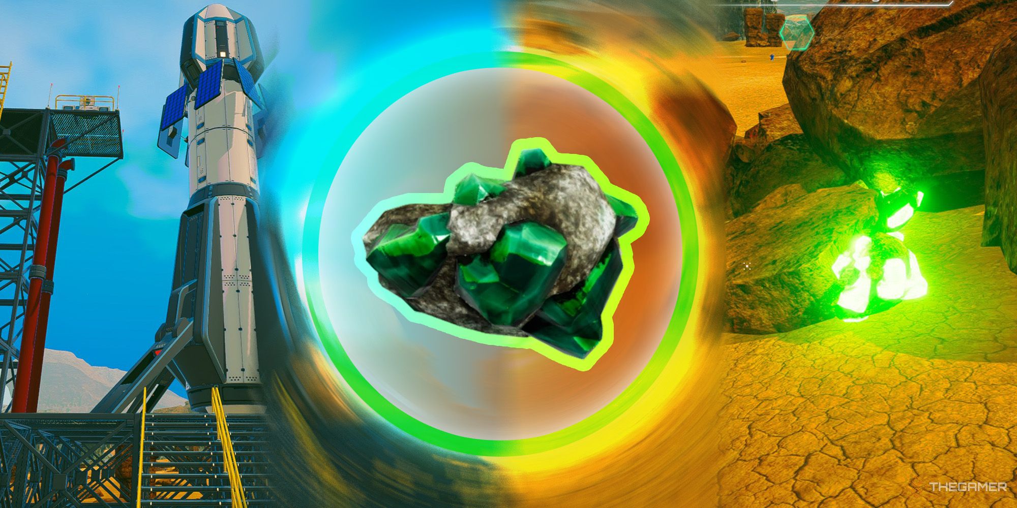 The Planet Crafter - Uranium image in a circular shape between a launch platform and rocks