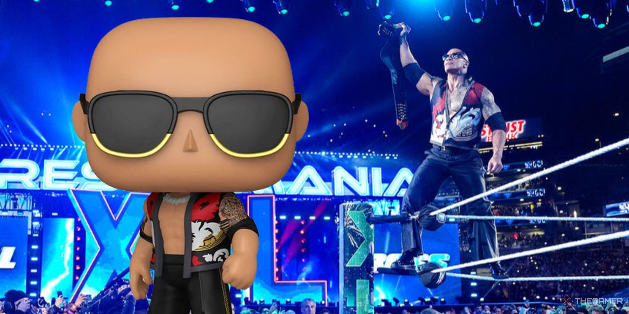 the rock's final boss funko pop standing next to the rock at wrestlemania