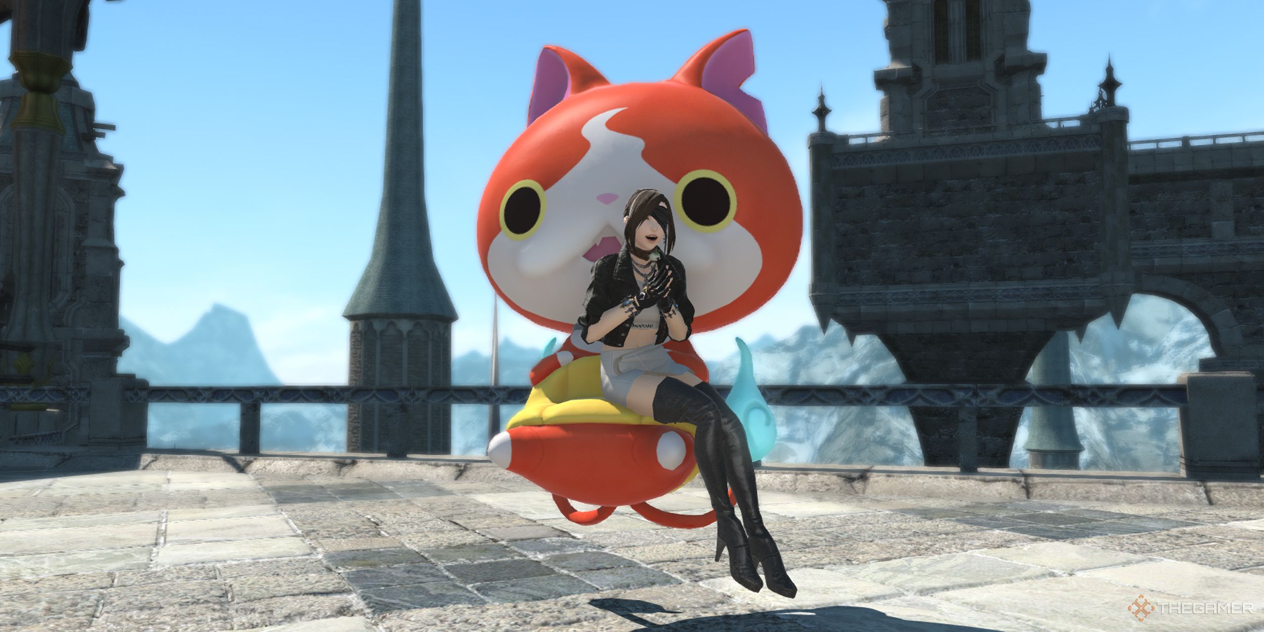 The Warrior of Light sat on the Jibanyan couch mount in Final Fantasy 14.