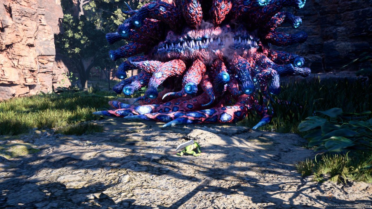 Cloud, in Toad form, sitting in front of the Great Malboro in Final Fantasy 7 Rebirth.