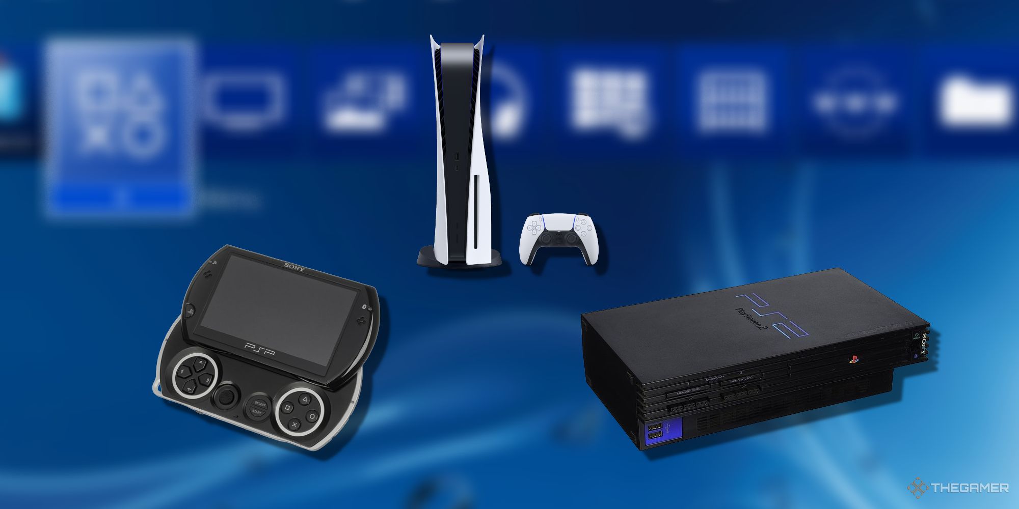 transparent psp go, ps5, and ps2 on a blurred image of ps4 menu