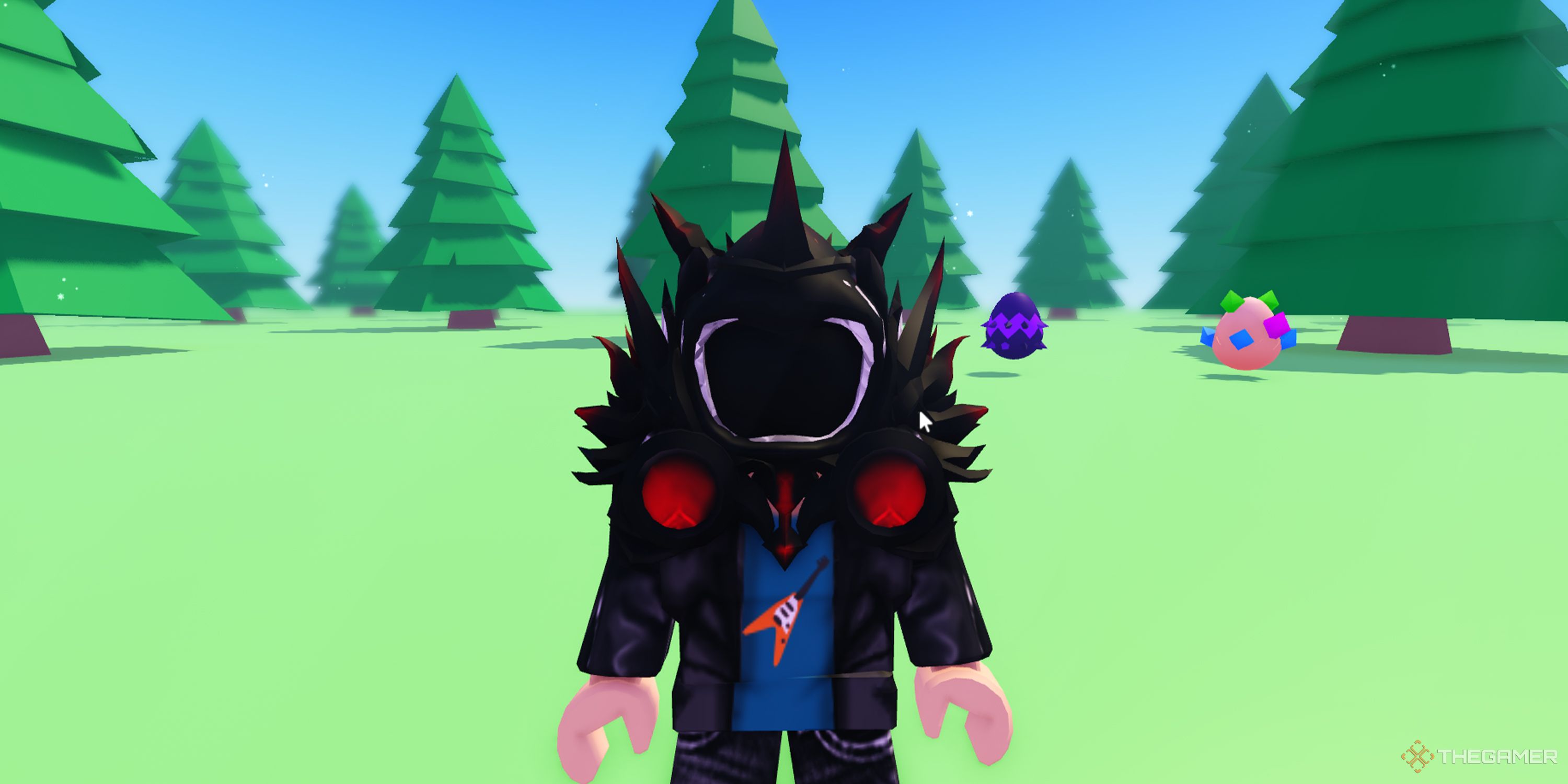 A Roblox character tries on a spikey, black-and-red helmet UGC while standing still in a forest in UGC Don't Move.