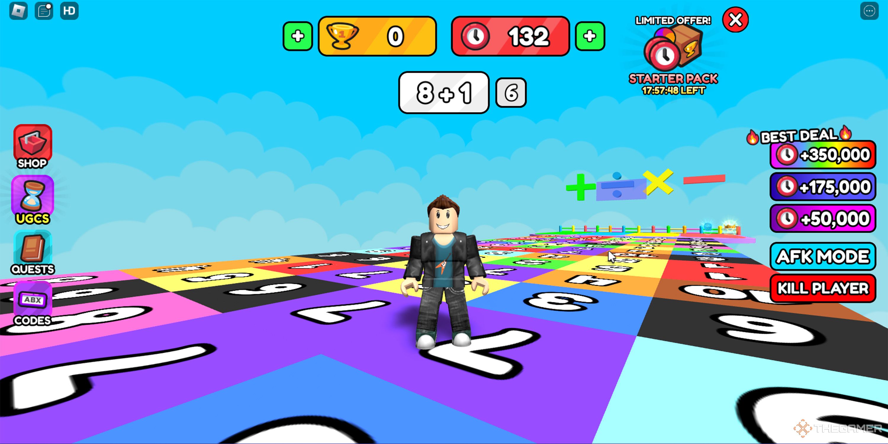 A Roblox character stands on a colorful platform with numbers on it in UGC Math Race.