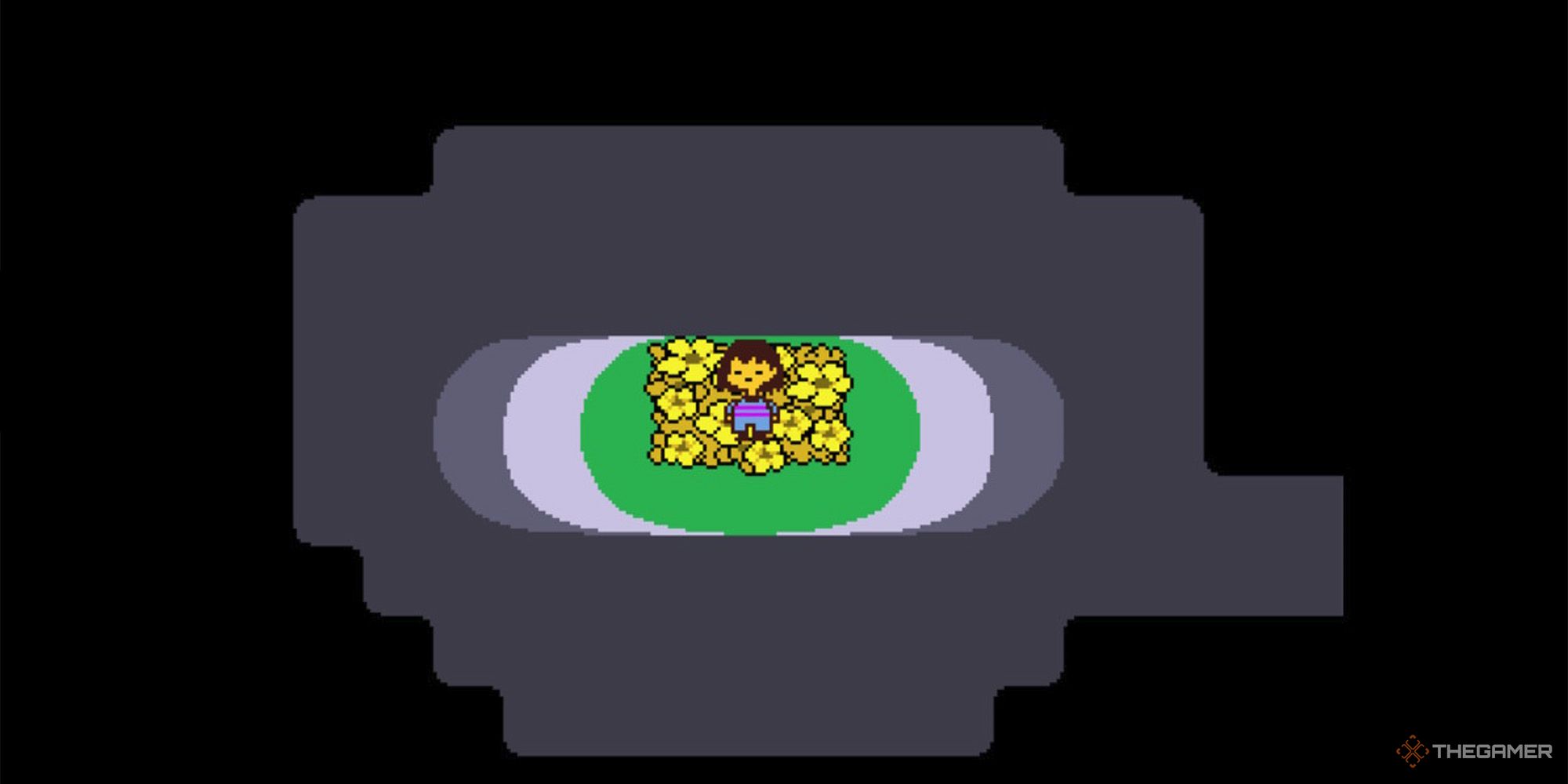 Frisk standing in a field of flowers from Undertale.