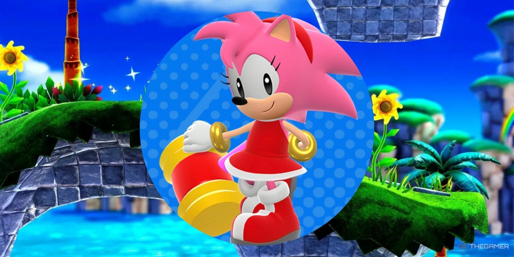 amy from sonic superstars on a sonic superstars background