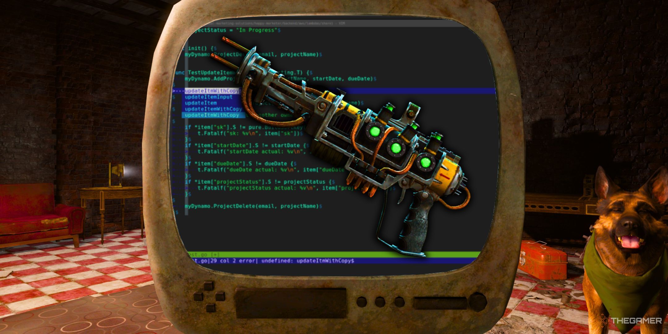 Gun from Fallout 4 overlaid on a computer with a dog in the bottom right