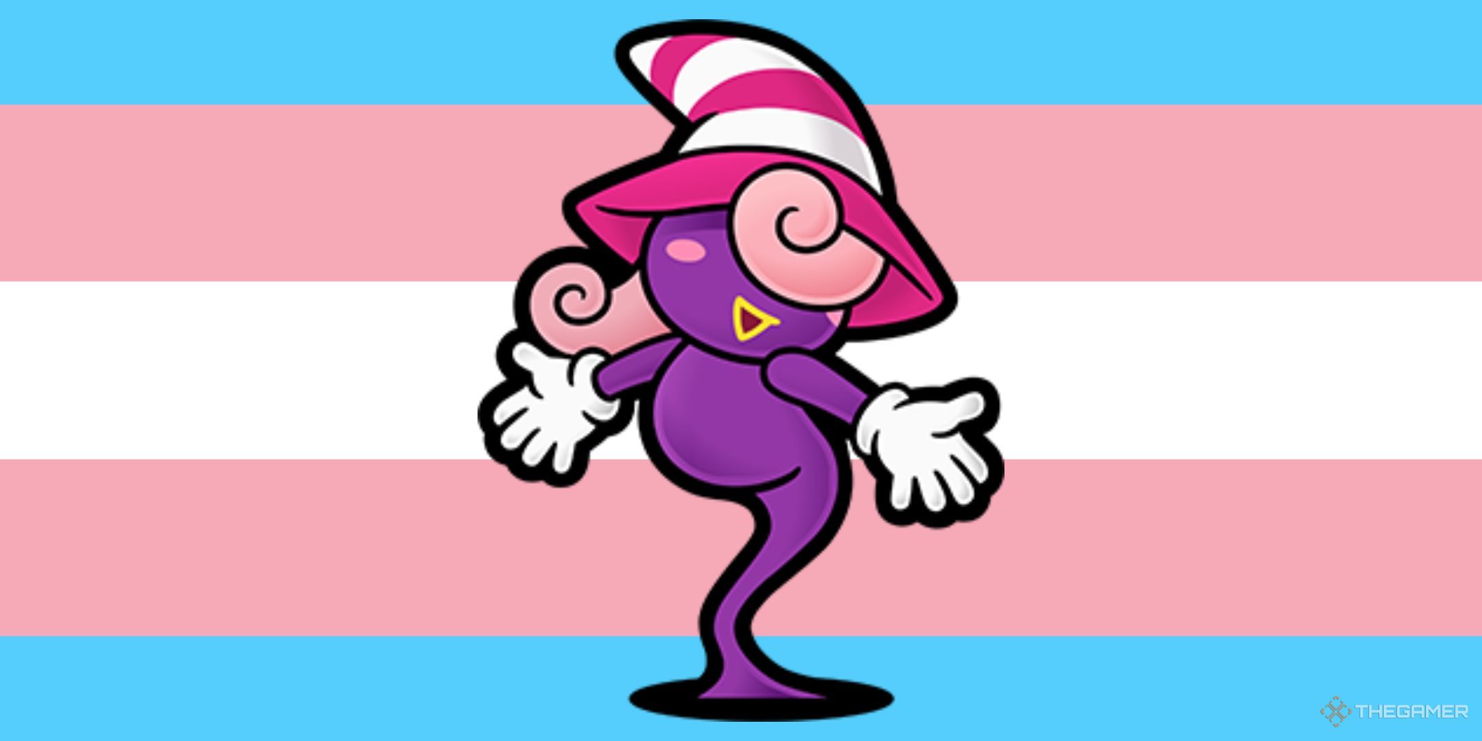 Vivian from Paper Mario: The Thousand-Year Door in front of the Trans flag.