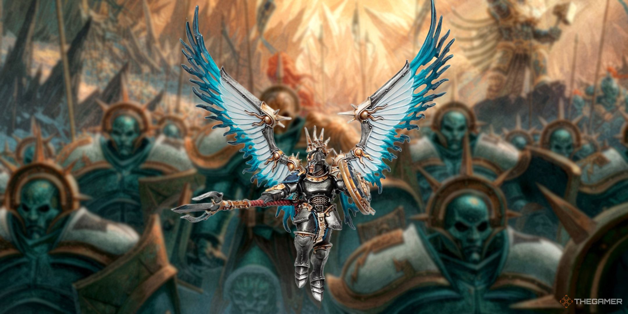 Warhammer Age of Sigmar Stormcast Prosecutor model over an illustrated background of old Stormcast