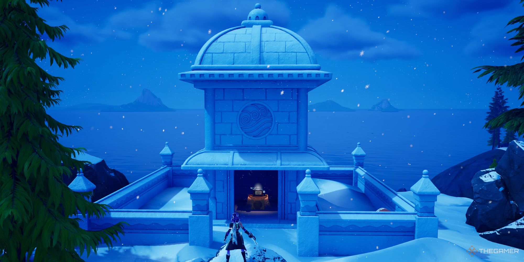 Standing in front of the Water Shrine in Fortnite Chapter 5 Season 2.