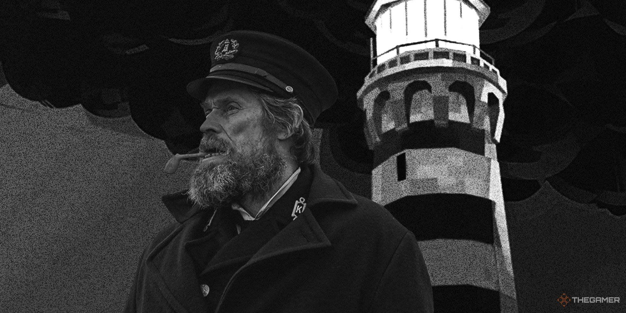Willem Dafoe in front of the lighthouse from Dredge in black and white