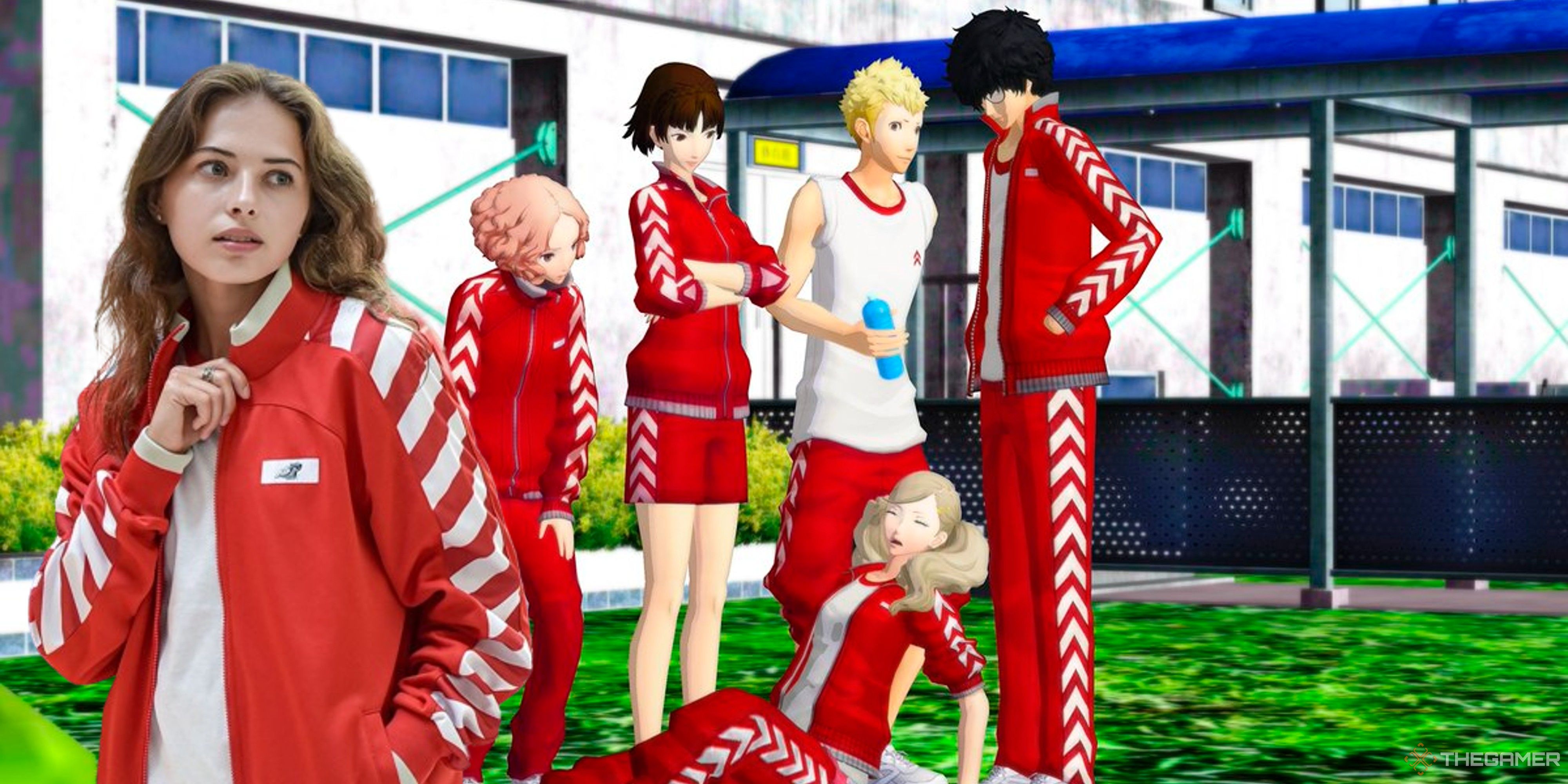 woman wearing persona 5 tracksuit next to in-game shujin academy students