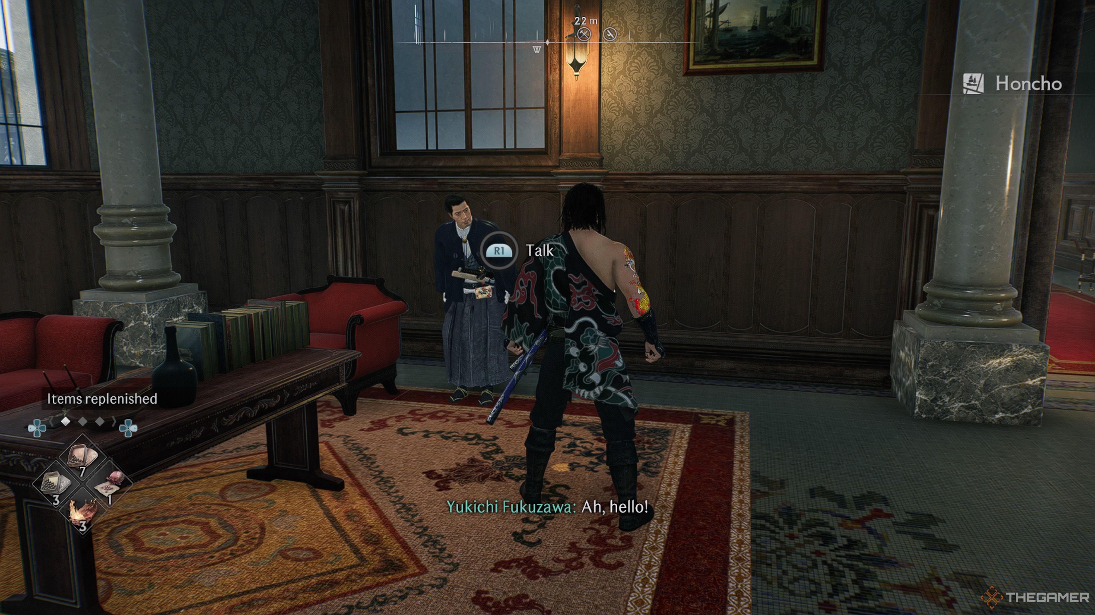 Yukichi bows to the protagonist inside the lobby of the Yokohama Grand Villa in Rise Of The Ronin.