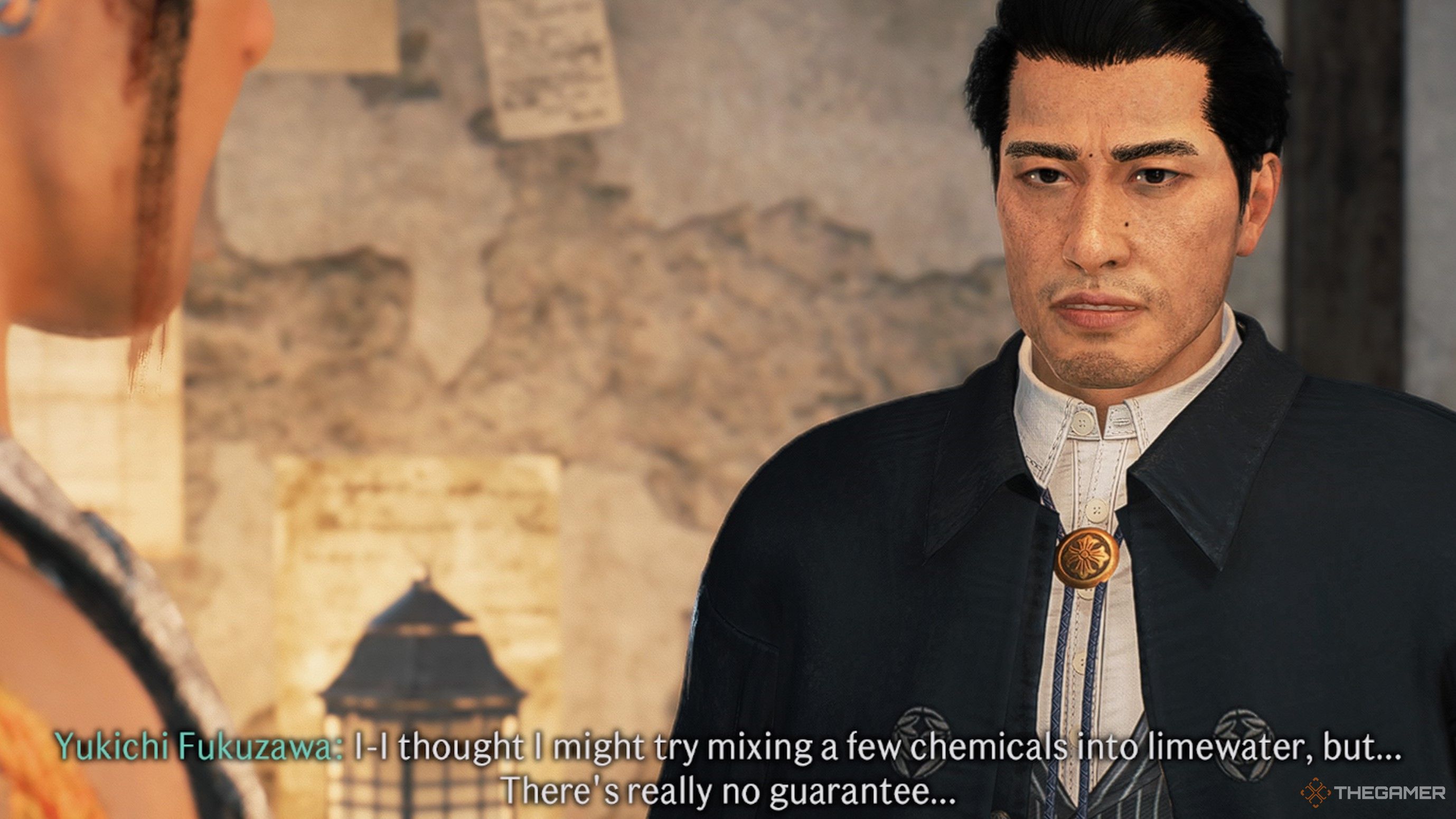 Yukichi brainstorms an antidote for blowfish toxins during a conversation inside Igashichi Iizuka's office in Rise Of The Ronin.