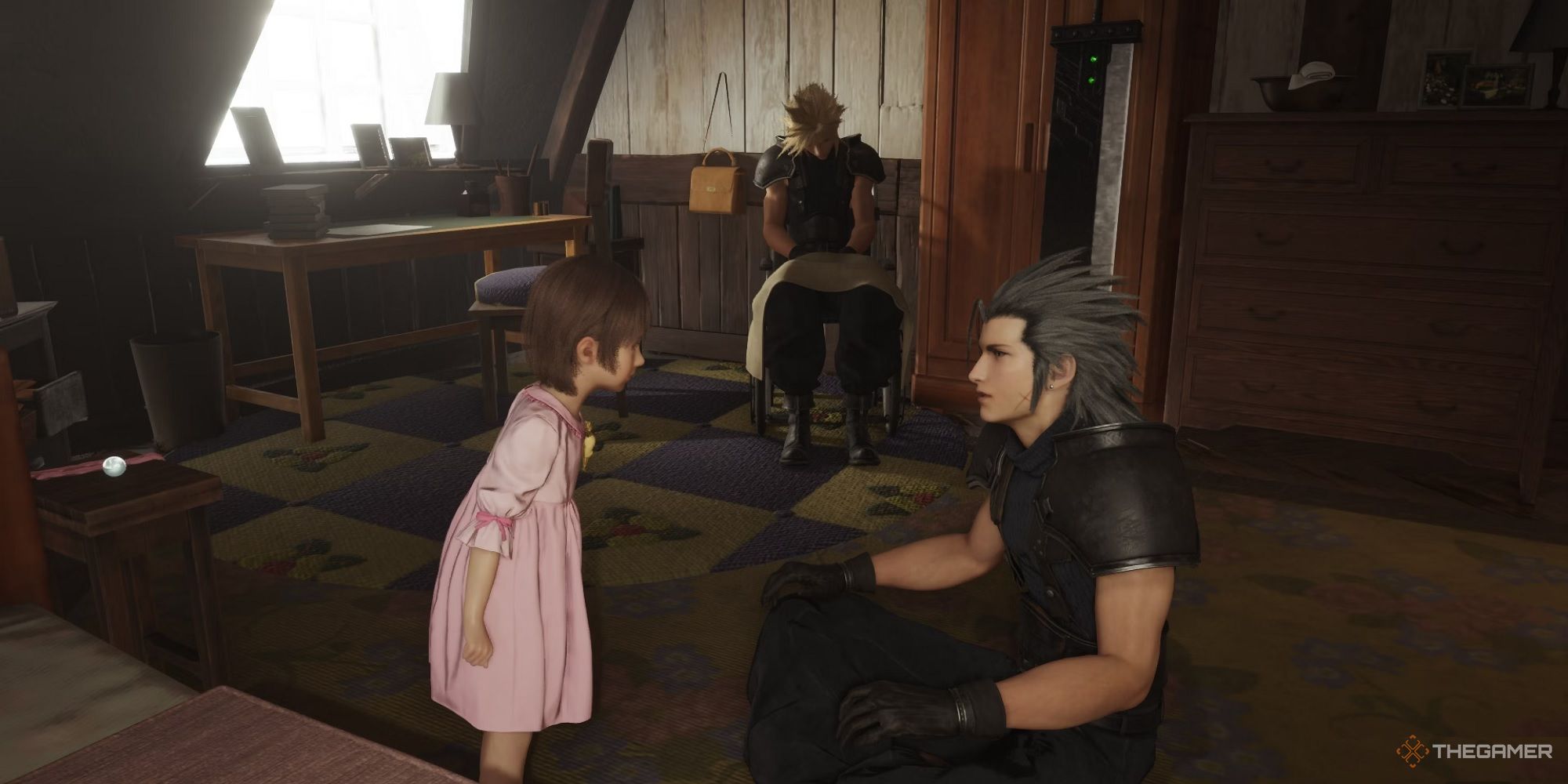 Zack talking to Marlene while Cloud is comatose in a chair between them in Final Fantasy 7 Rebirth