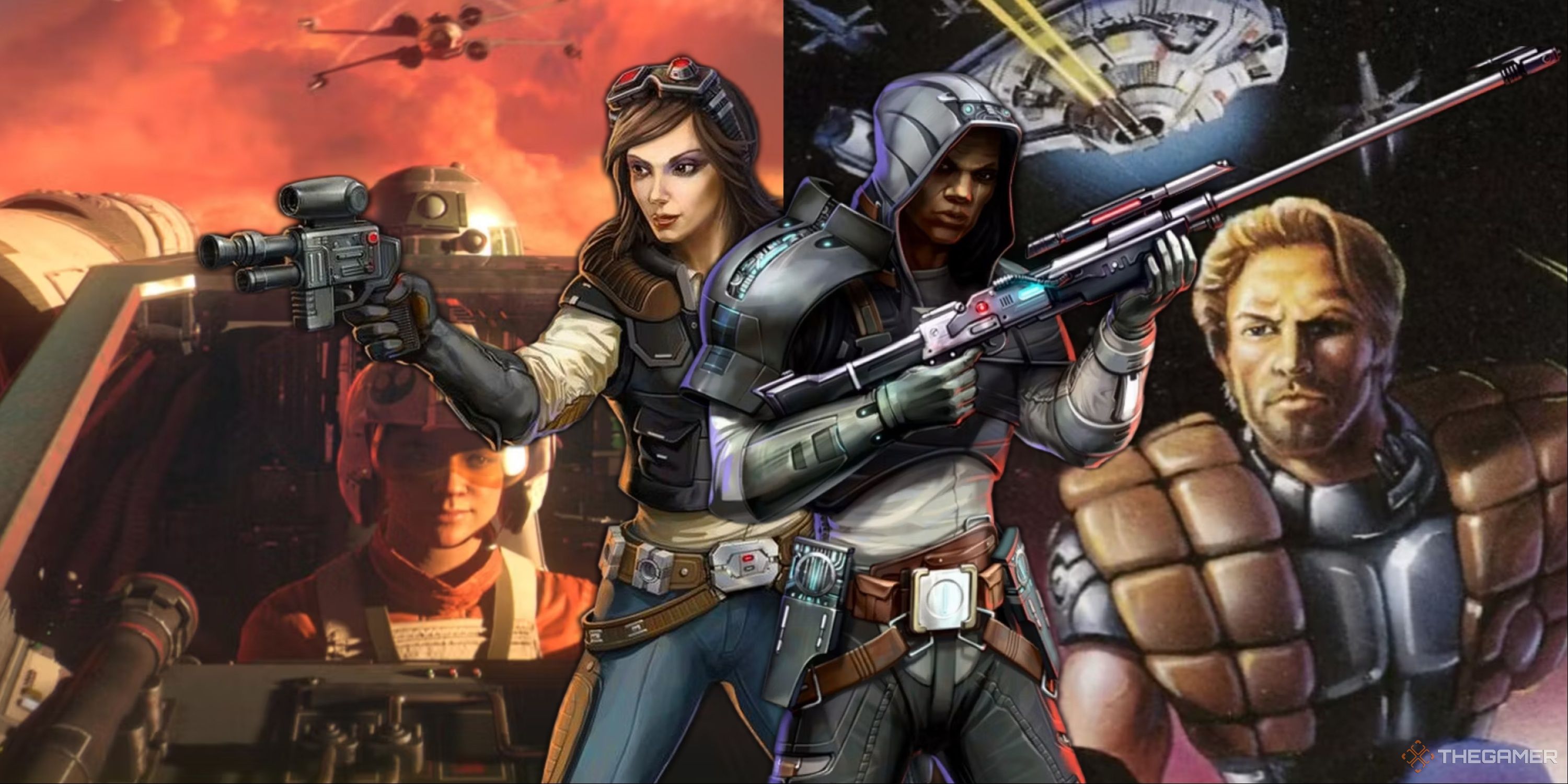 Split-image of art from Star Wars Squadrons and Star Wars: Shadows of the Empire with the Smuggler class and Imperial Agent class side-by-side in between the collage images.