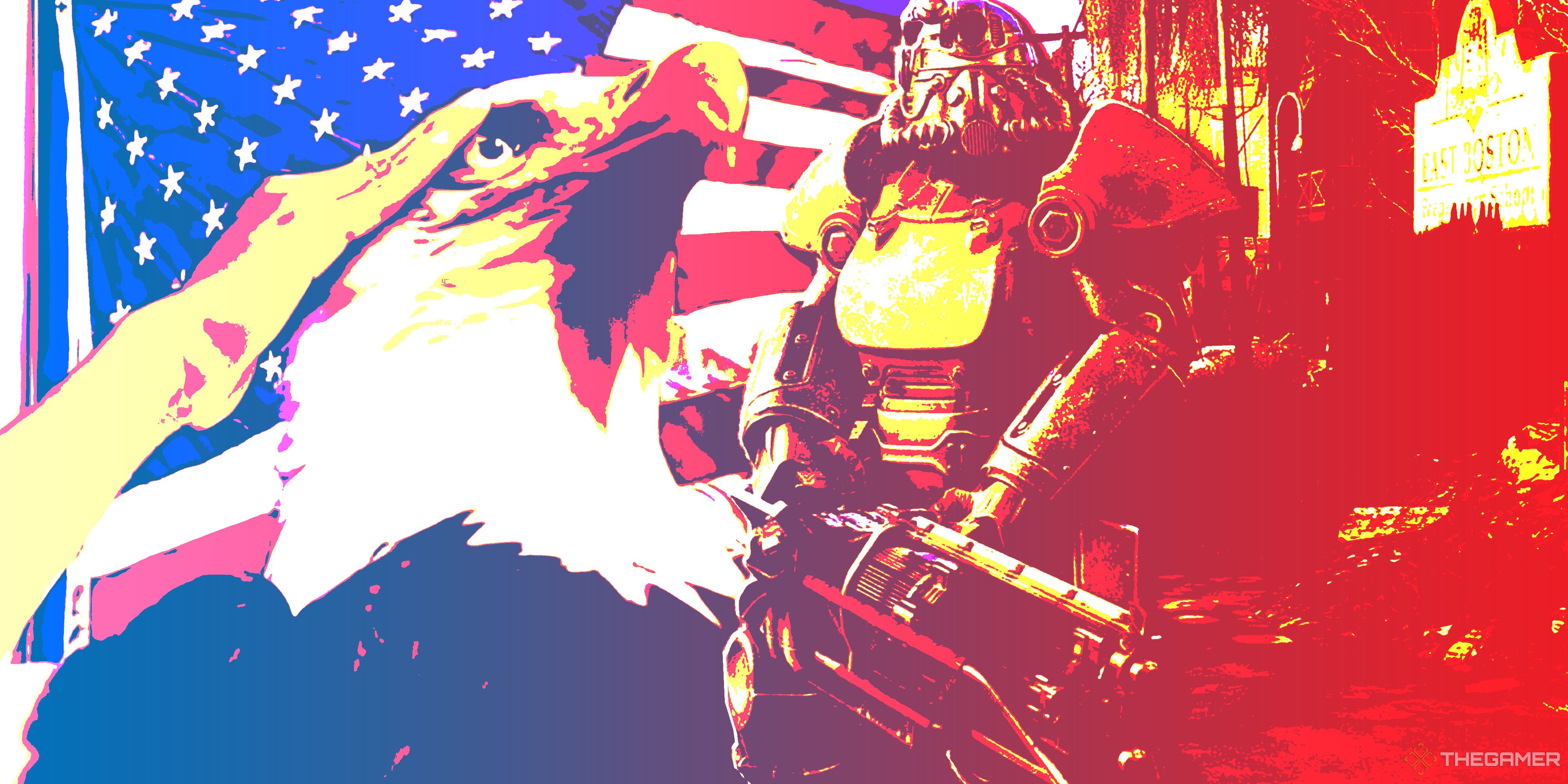 An eagle saluting the American flag next to a member of the Brotherhood of Steel