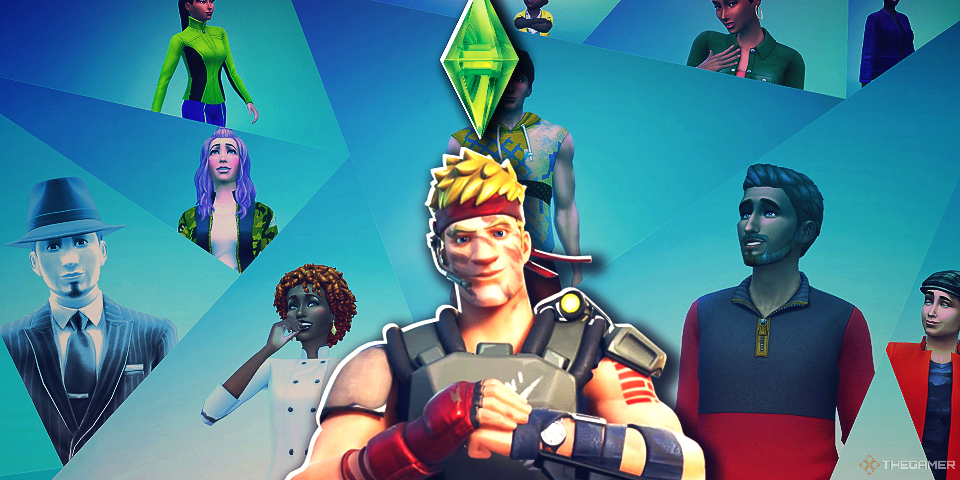 The background is a fractured collections of characters made in The Sims 4, with a character from another of EA's live-service games with a plumbob over his head in the foreground