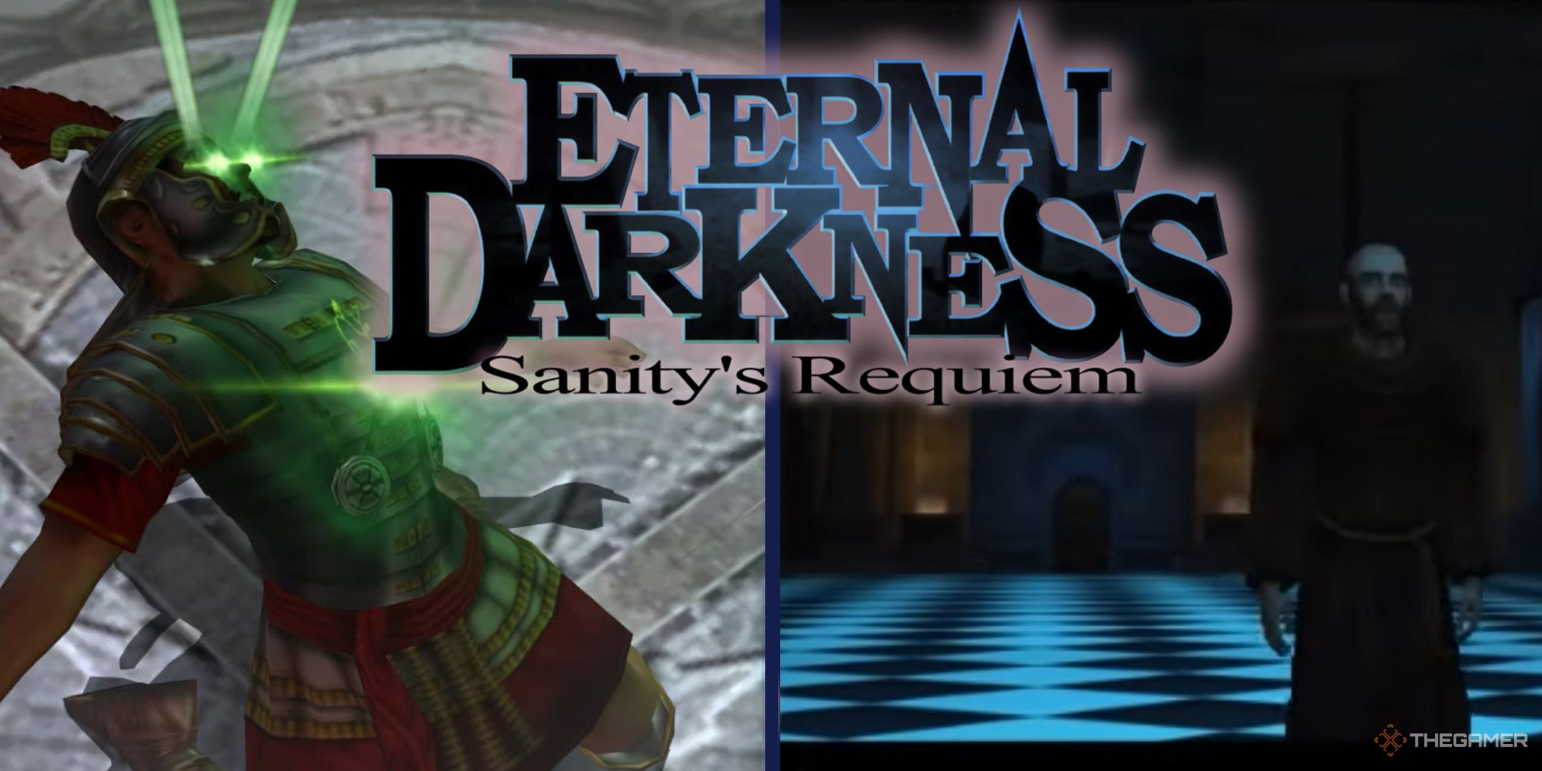 Split image for Eternal Darkness featuring a soldier in pain on the left, a bold, dramatic logo in the center, and a priest walking through a dark chapel on the left.