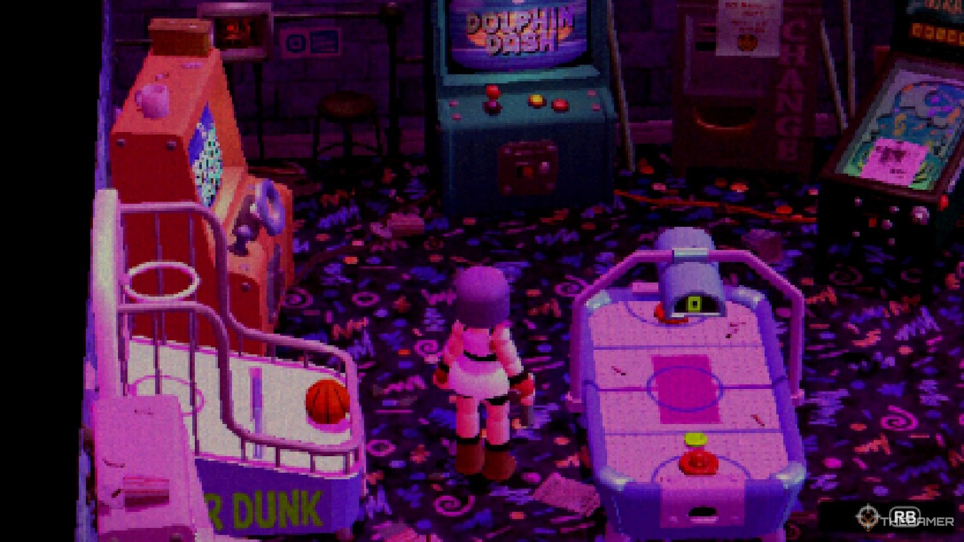 Crow Country character standing in front of an ice hockey machine in an arcade lit neon pink