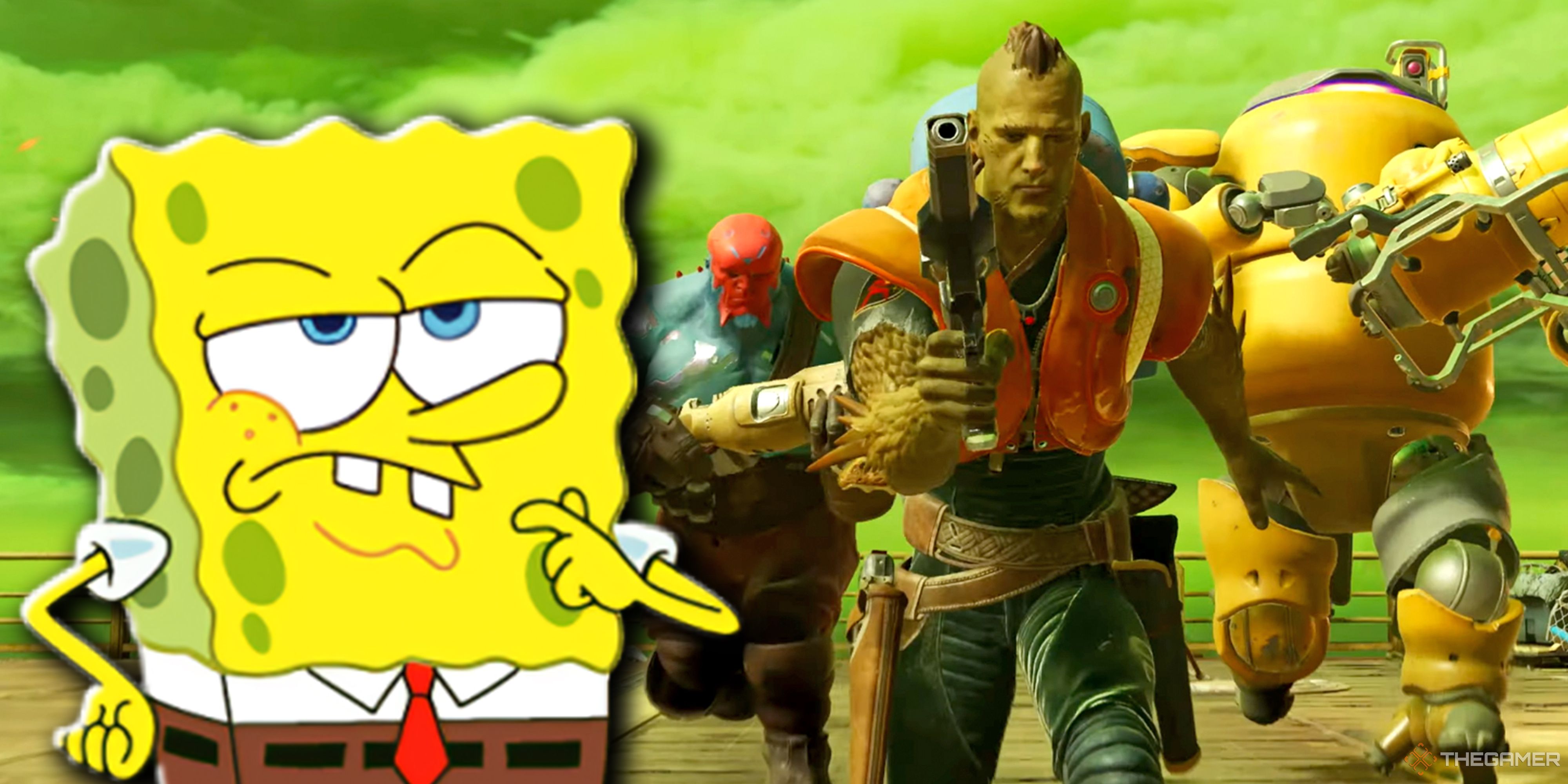 Spongebob making a sceptical expression while looking at Concord's characters running