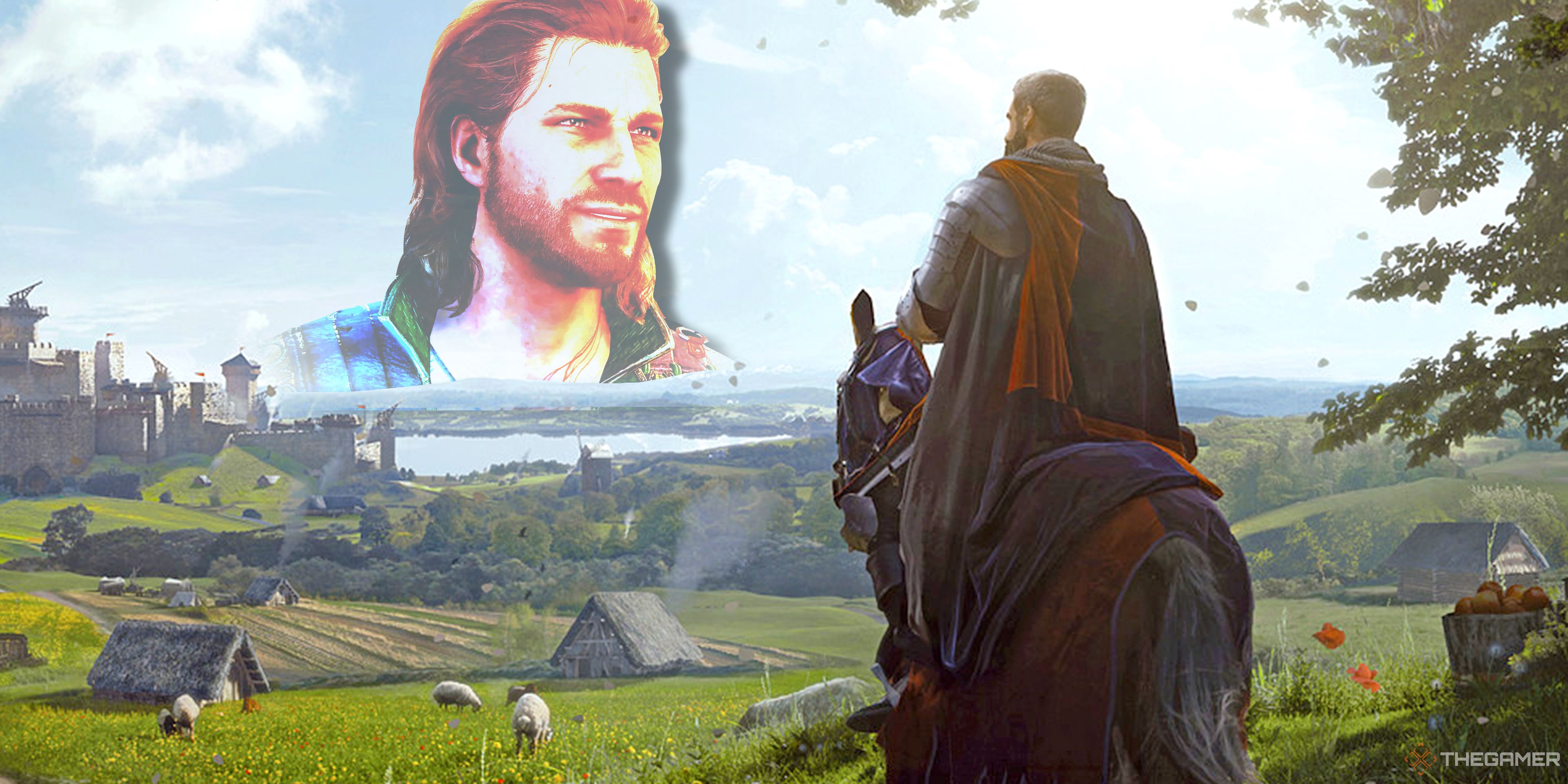 A man in manor lords looking over a field with Gale from Baldur's Gate 3 in the sky