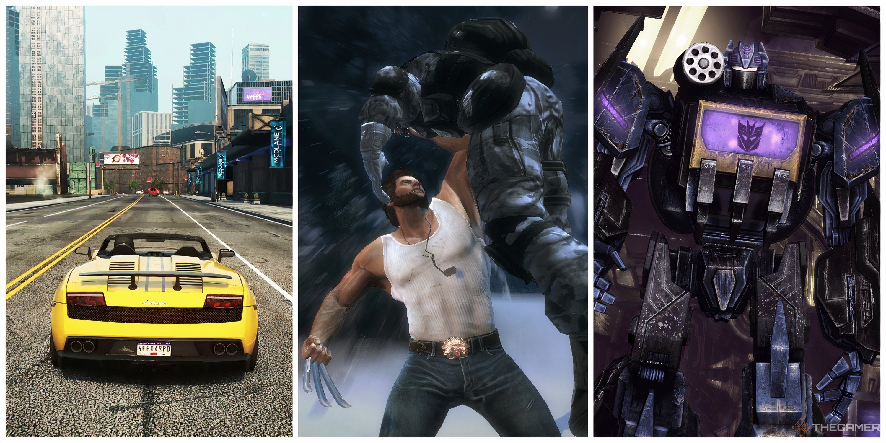 Split image of Need for Speed Most Wanted, X-Men Origins: Wolverine, and Transformers: War for Cybertron in-game screenshots