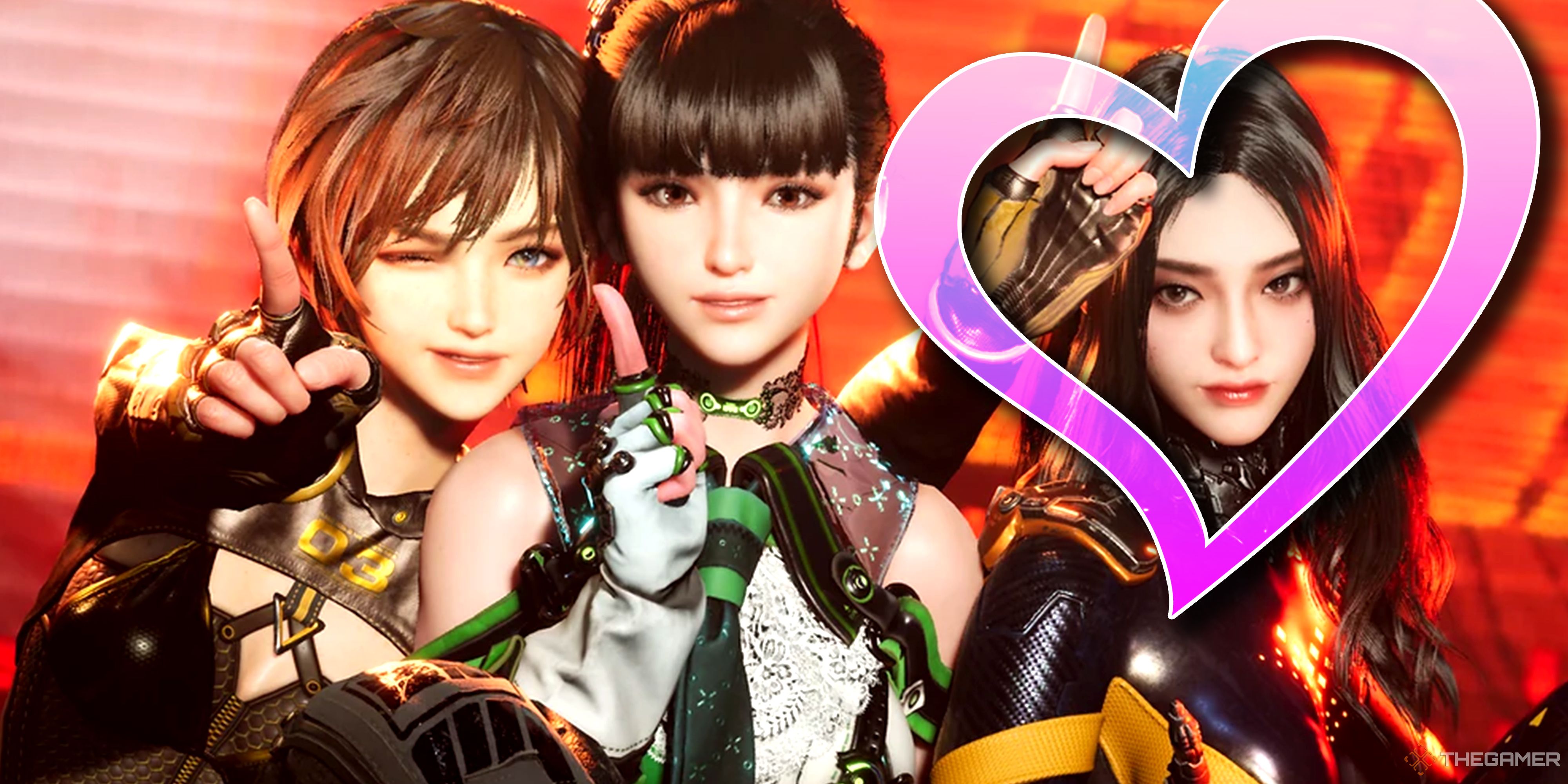 All of Stellar Blade's female protagonists posing side by side, with a heart outlining Tachy's face