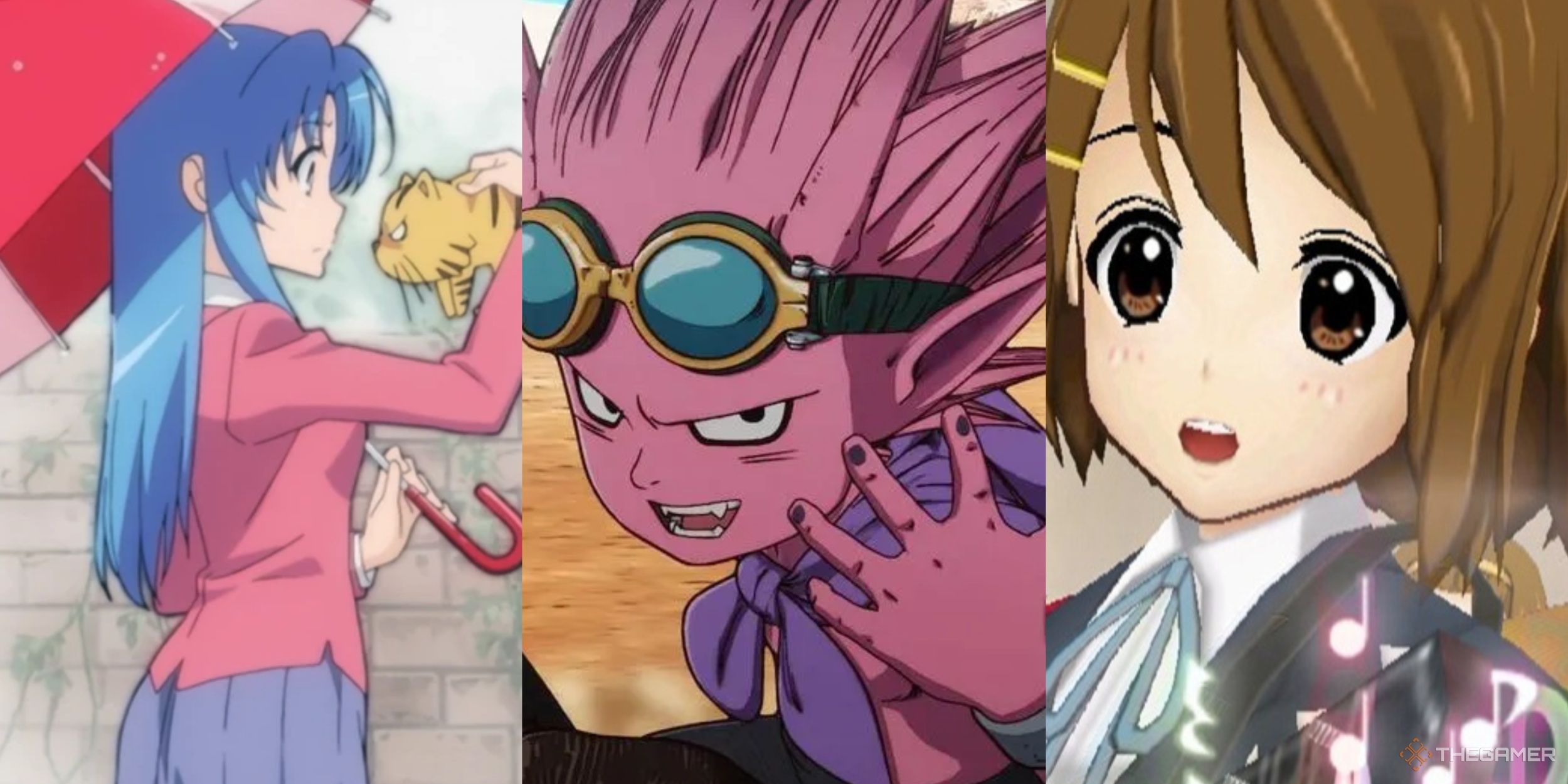 A collage of images showcasing Ami Kawashima from Toradora!, Yui Hirasawa from K-On!, and Beelzebub from Sand Land