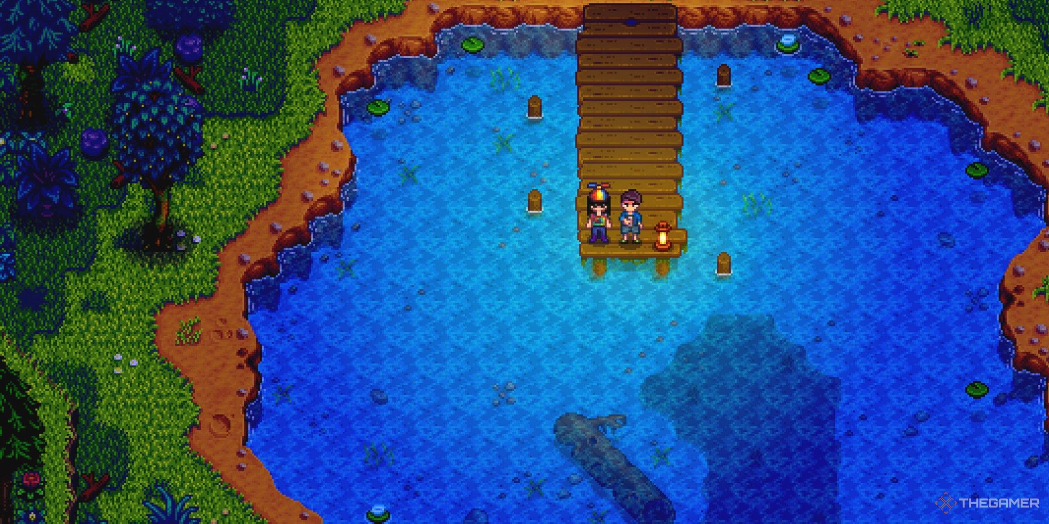 a farmer and shane by the lake in cindersap woods at night in stardew valley
