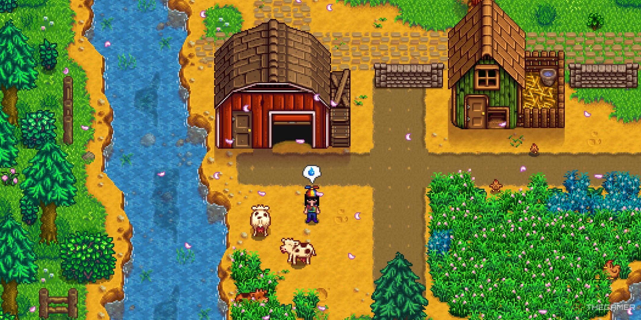 a farmer in the field on the meadowlands farm with several cows and chickens sell animals in stardew valley