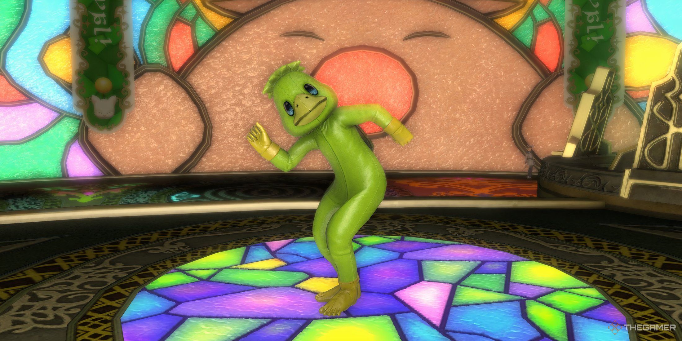 A player in the Imp outfit in the Gold Saucer in Final Fantasy 14.