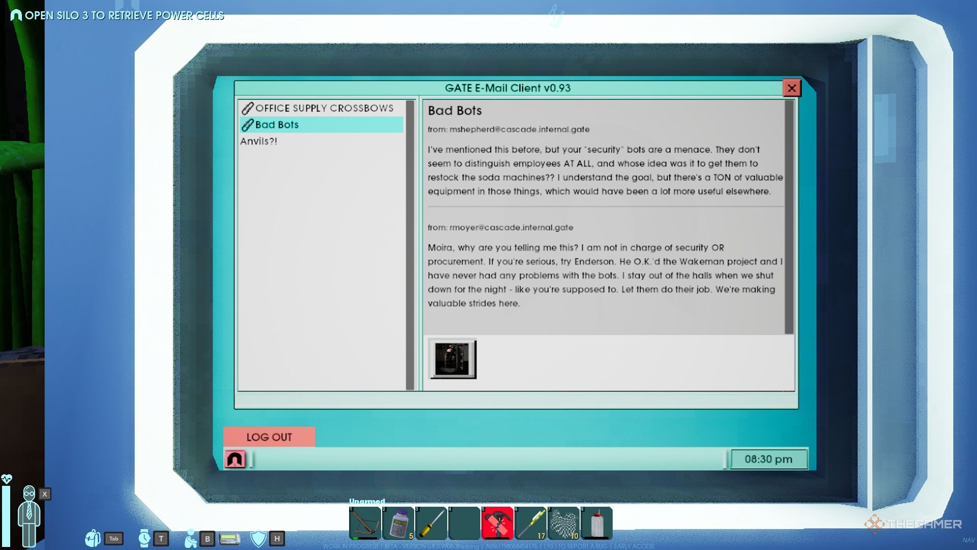 A screenshot from Abiotic Factor showing an email terminal with an email that has one reply and an attachment image.