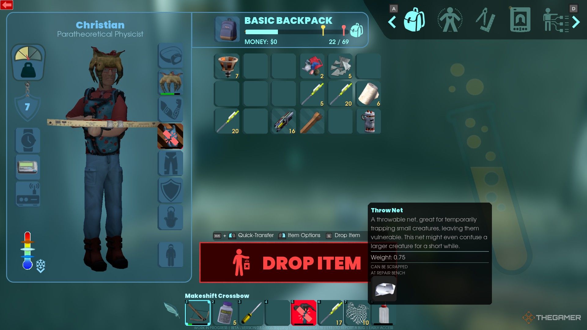 A screenshot from Abiotic Factor showing the inventory and quickbar, with &lsquo;Throw Net&rsquo; being hovered over, revealing a detailed description about how the net can be  used to catch small creatures and confuse larger ones.